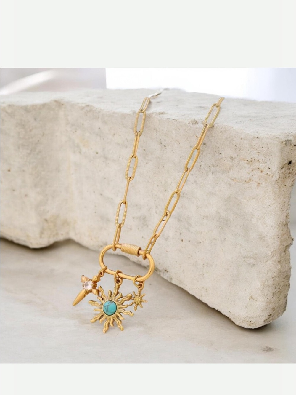 Gold Sun Pendant Charm Necklace with Turquoise Accent - Women Jewelry